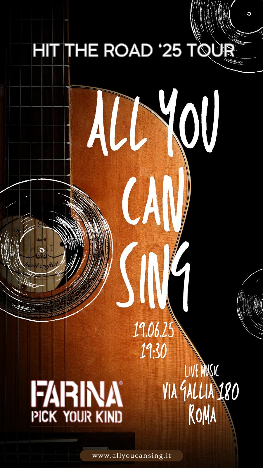 Poster evento AllYouCanSing al Farina Food & Drink, Roma, 19 giugno 2025, con chitarra acustica e dettagli del tour Hit The Road '25, orario 19:30, Via Gallia 180.